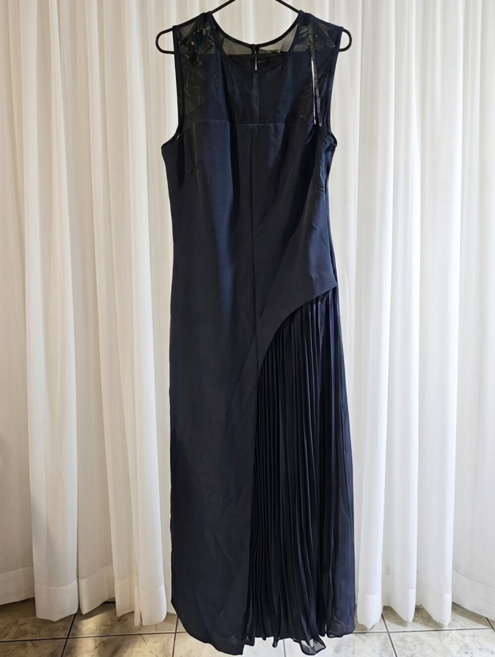 Kay Unger Sleeveless Navy Asymmetric Pleated Maxi Dress
